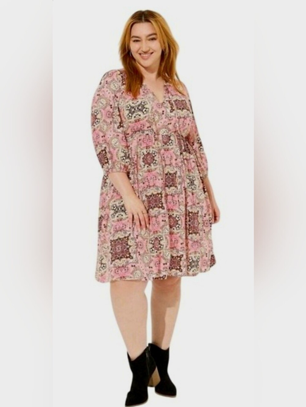 torrid Pink Patchwork Print V-Neck Tiered Midi Dress